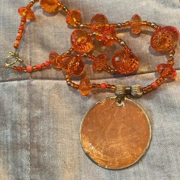Vintage Tangerine Orange & Gold Pendant Necklace - Picture 6 of 9